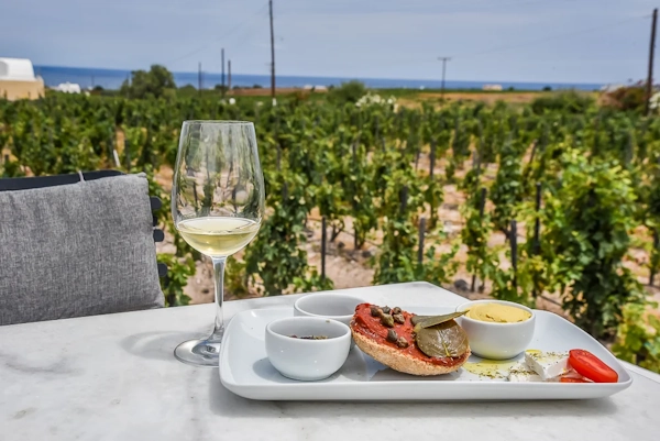Wine tasting at Domaine Sigalas, a glass of Assyrtiko with the traditional pairing of goat cheese,, tomato paste on dry barley bread and fava against the backdrop of Oia's vineyards and the sea