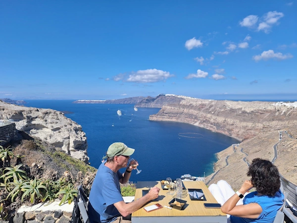 Cruise ships anchored in the Santorini caldera, June 2026