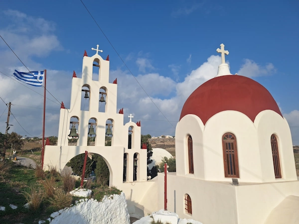 august 15 in santorini include a traditional panygiri at its only red domed church of Panagia Kokkini in Karterados.
